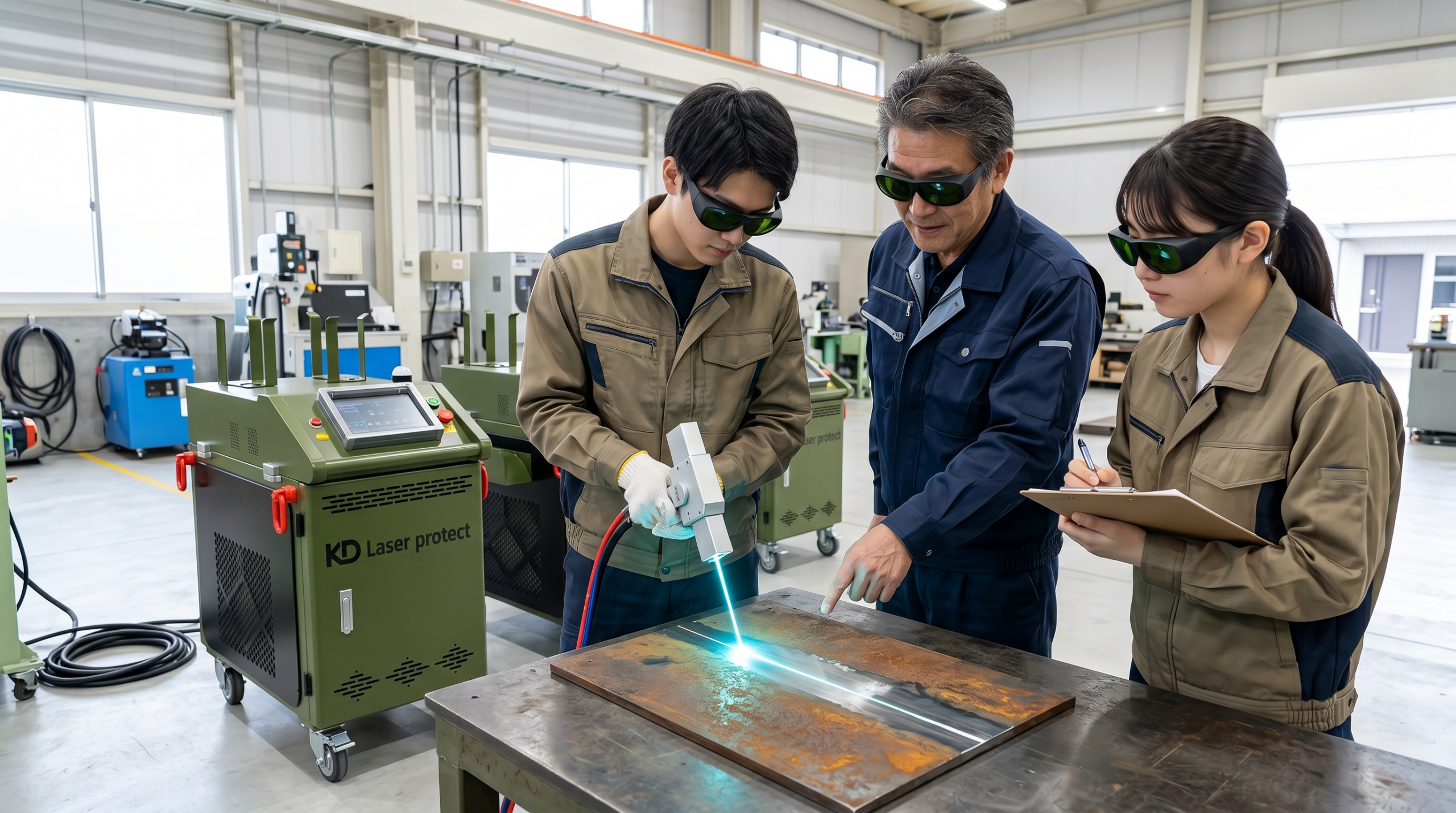 現場でレクチャーを受けながらレーザー施工を学ぶ研修イメージ