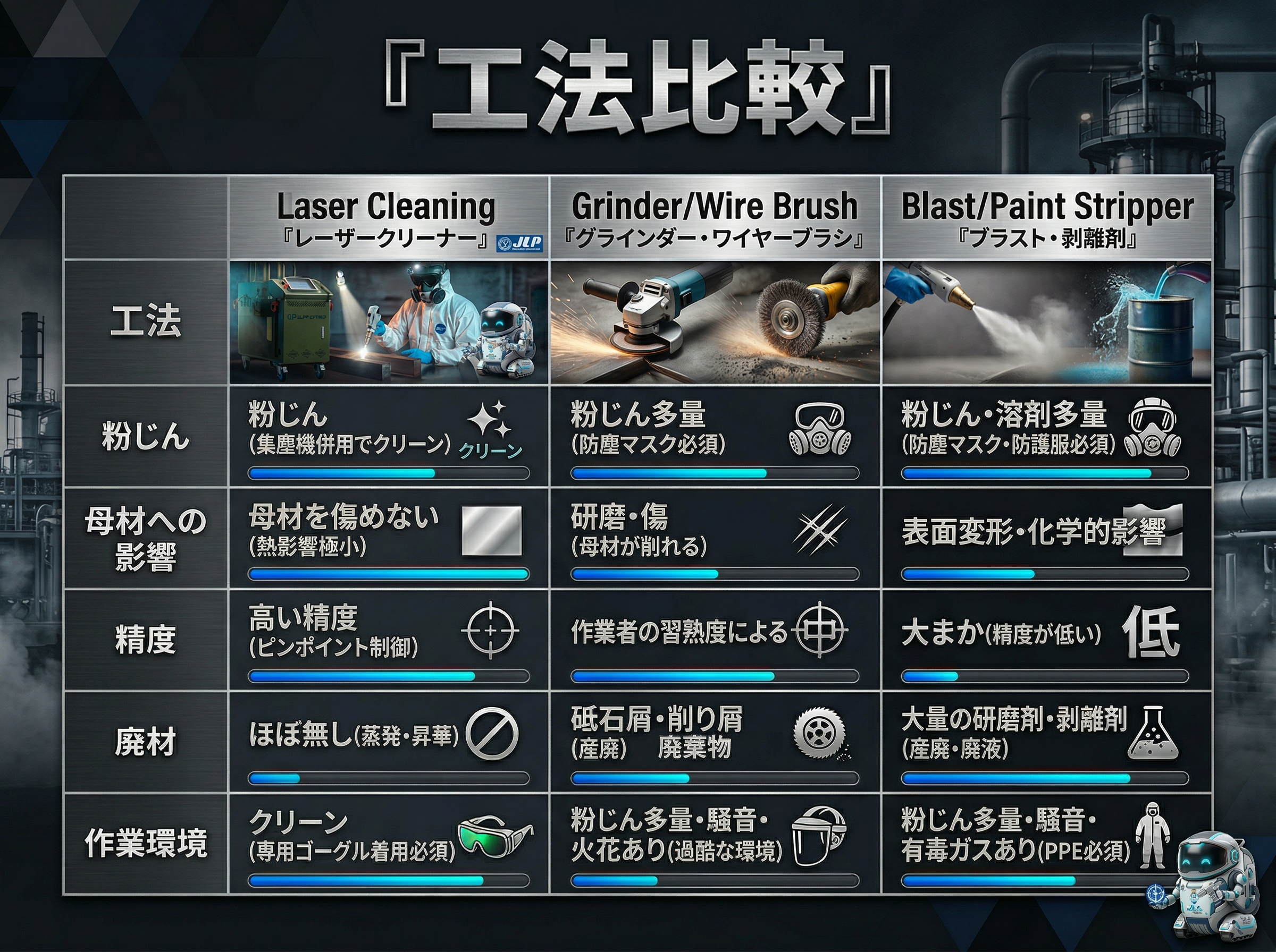 レーザークリーナーと従来工法の比較図解