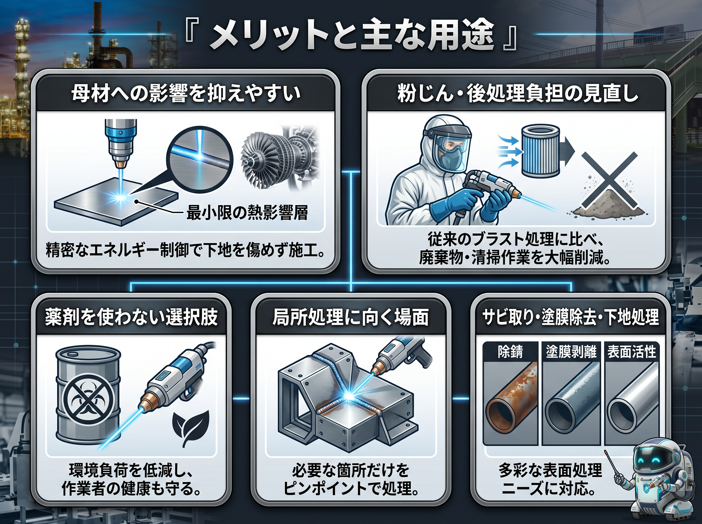 レーザークリーニングのメリットと用途をまとめた図解