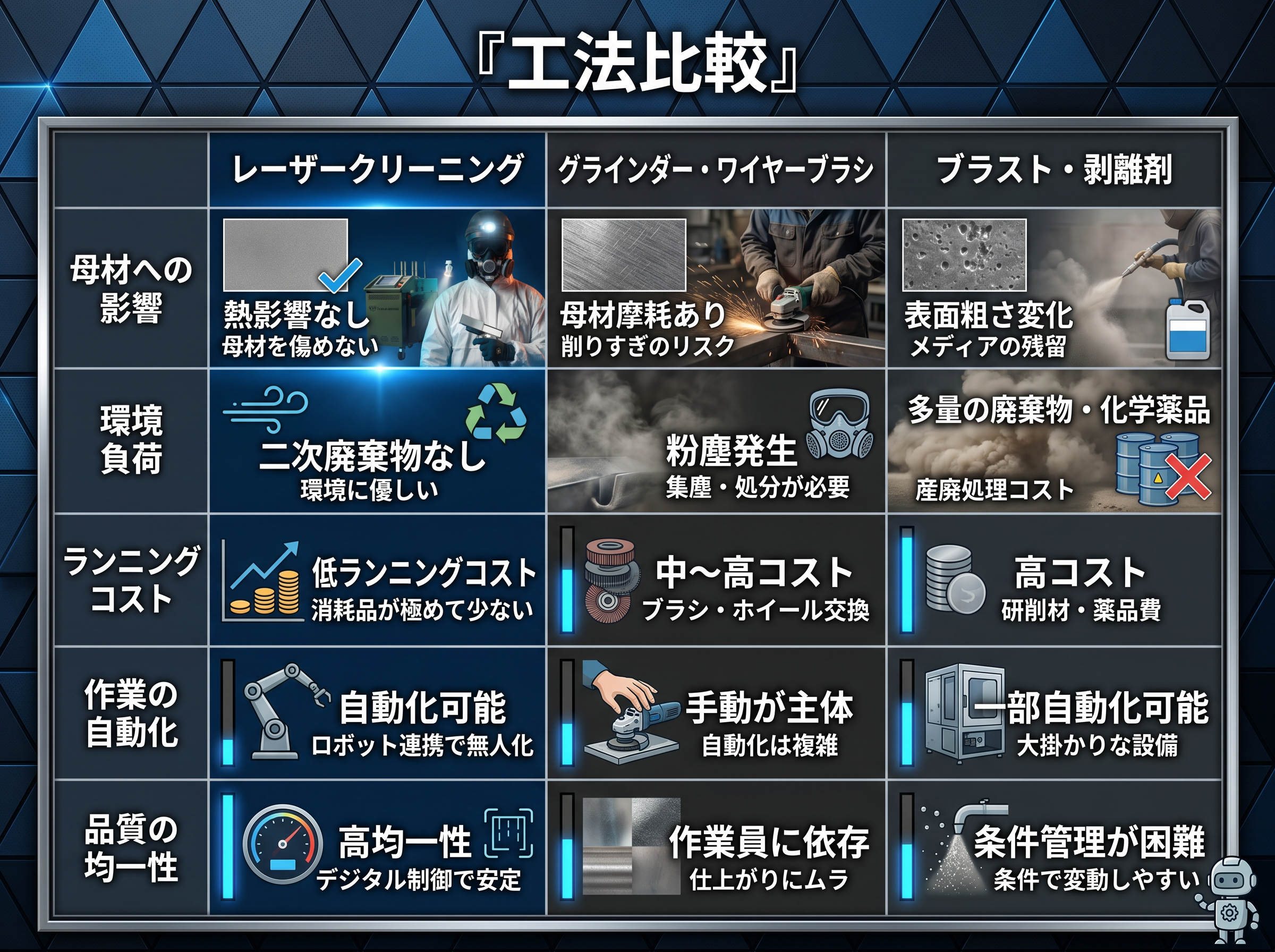 レーザークリーニングと従来工法の比較図解